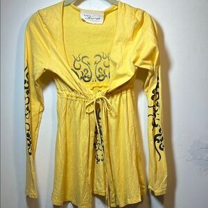 Vintage Havana Cotton Yellow Long Sleeve Top with Black Accents Medium